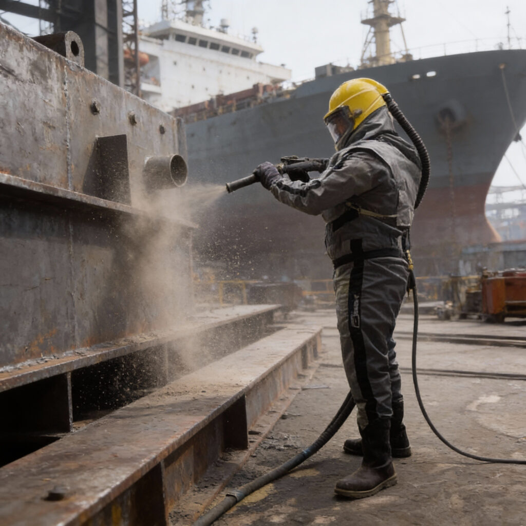 abrasive blasting worker in GVX helmet
